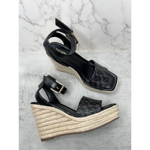 DKNY  Sandals Womens Size 6.5 Black Ankle Strap Espadrille Open Toe Wedges New