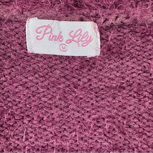 Pink Lily  Cardigan Sweater Soft Fuzzy Eyelash Knit Front Pockets Burgundy M