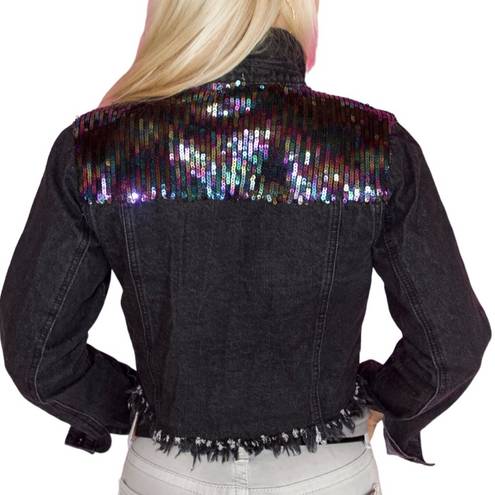 Le lis  shimmer and shine sequined cropped denim jacket with fringe hem size S