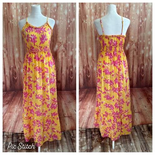 Jessica Simpson Yellow Ruffle Trim Pink Floral Print Maxi Dress