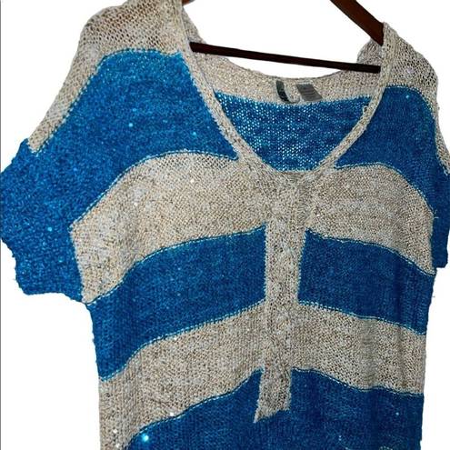 BKE  blue and tan striped sequin shirt sleeve knit sweater size M