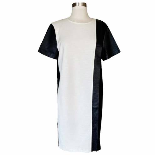 St. John  Black Milano Knit Colorblock Dress Leather Caviar / Cream Short Sleeves