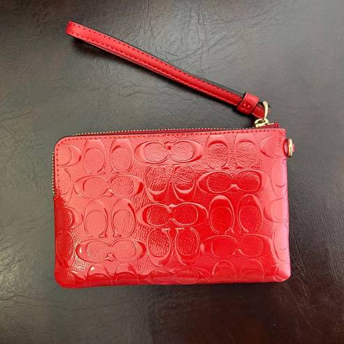 Coach  Red Corner Zip Wristlet In Signature Patent Leather #CN049