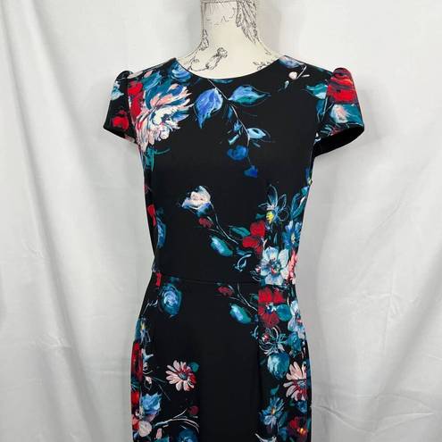 Betsey Johnson  Black Floral Knee Length, Cap Sleeve Slim Fitting Dress Size 8