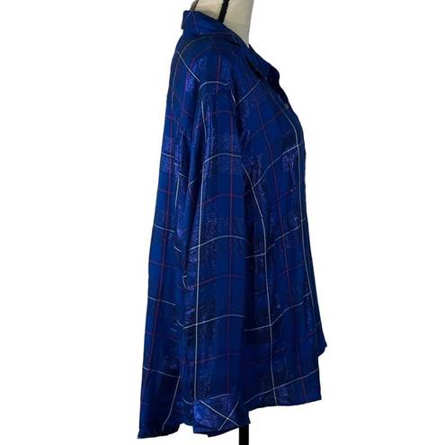 Style & Co  2X-Large Button-Up Top Plaid Metallic Accent Pocket Long Sleeve Blue