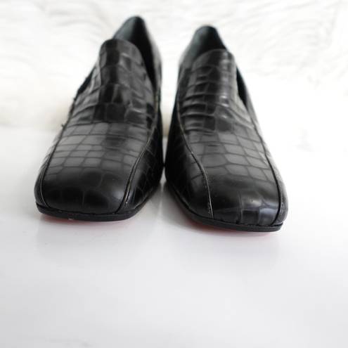 Via Spiga  90s Vintage Black Croc-Embossed Square Toe Leather Heeled Loafers