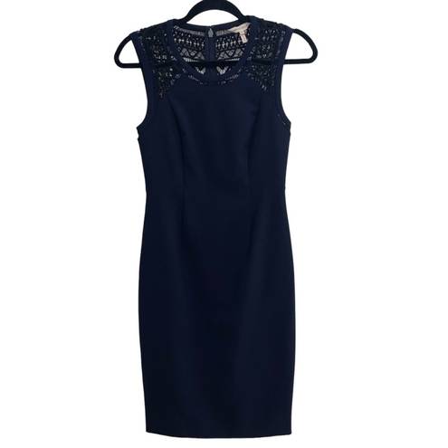 Rebecca Taylor Navy Sheath Dress With Black Lace Inset