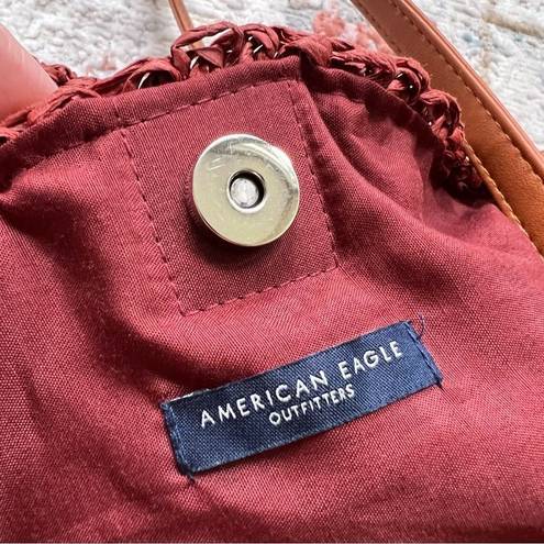 American Eagle  Straw Beach Bag Circular Rust Dark Red Tote with Pom Poms