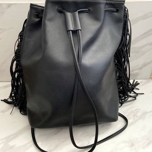 Victoria's Secret VICTORIA’S SECRET Black Fashion Show Faux Leather Fringe Drawstring Backpack