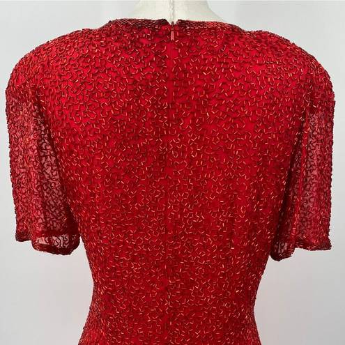 Oleg Cassini Vintage  Beaded Silk Mini Dress Short Sleeves Cocktail Red Womens 6