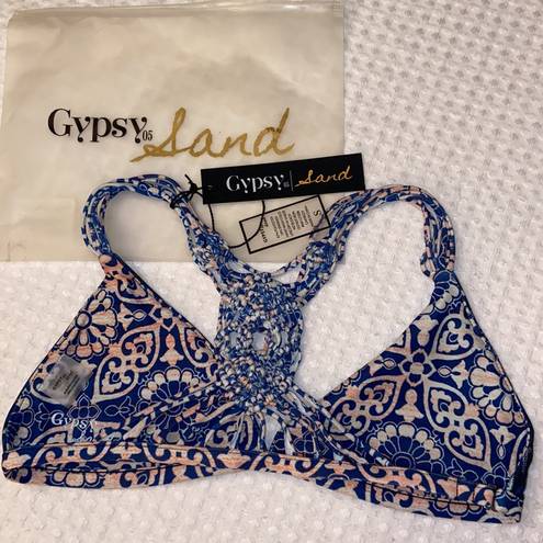 Gypsy 05 NEW!  SAND Bikini Size Small Crochet Racerback Top Blue Multi Tile Print