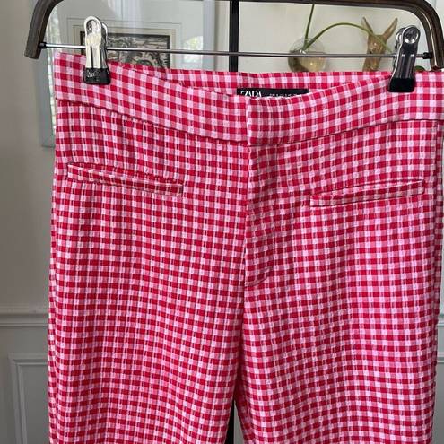 ZARA  Red Pink Gingham Cropped Mini Flare Trouser Pants S