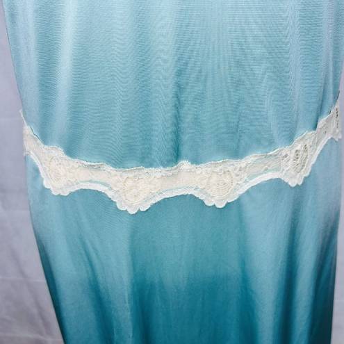 Vassarette  Long Teal Nightgown Lace Trim Sleeveless Made USA Vintage Size S