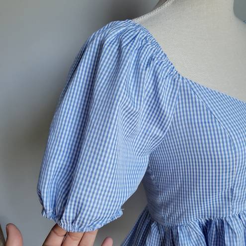 English Factory Nordstrom,  New Blue Gingham Peplum Puff Sleeve Top Size Small