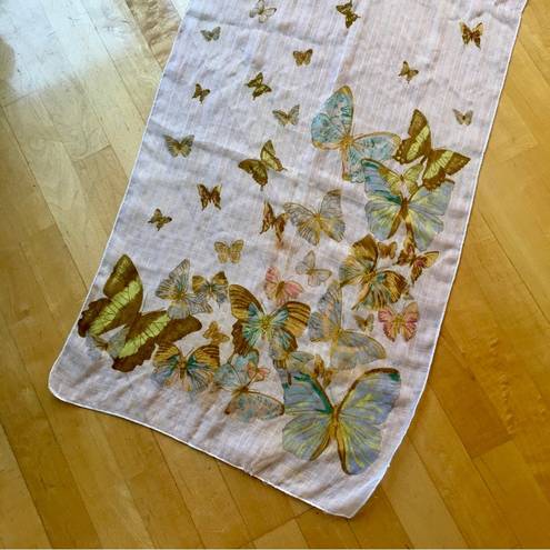 Ecru Butterfly Print Sheer, Lightweight Scarf, Ivory, Cream, , Colorful
