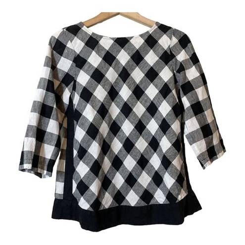 J.Jill  Love Linen 3/4 Soeeve Black Gingham Blouse Top Shirt XS