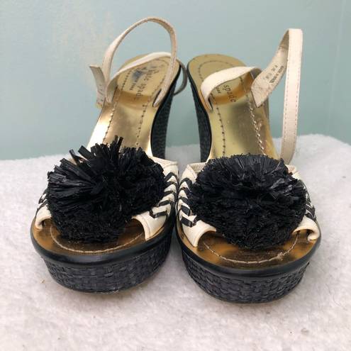 Kate Spade  Straw Rafia, Leather Wedge Sandal Pom Pom 6.5