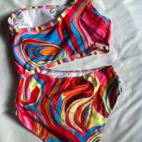 One Piece Colorful red-multi mokini  swimsuit. One shoulder design size 1XL