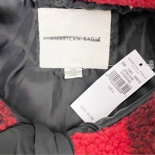 American Eagle  Oversized Sherpa Fleece Snap Pullover Jacket Buffalo Plaid Red