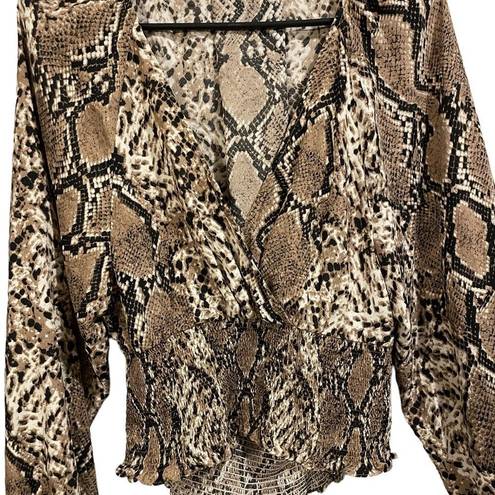 idem Ditto  Faux Snakeskin Cropped Long Sleeve Wrap Style Smock Cutout Blouse