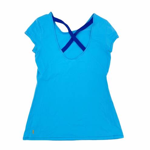 Lucy Activewear  Women's Bright Blue Cross Back Short Sleeve Fitted Workout Top