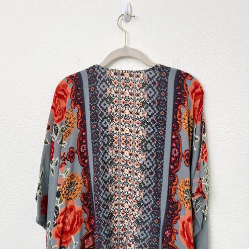 Angie [] Dove Gray Floral Print Flowy Open Front Kimono Cover-Up Boho Top Large L