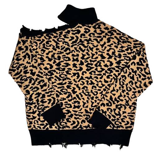 Lovers + Friends  Distressed Arlington Leopard Print Turtleneck Sweater Top