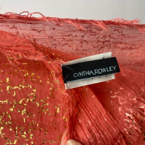 Cynthia Rowley Coral Gold Sheer Lightweight Rectangular Scarf with Fringe Hem