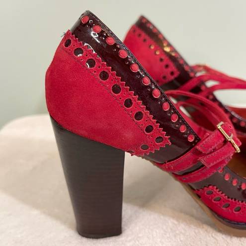 Juicy Couture  Women Red Leather Hole Buckle High Block Heel Mary Jane Shoes NWOT