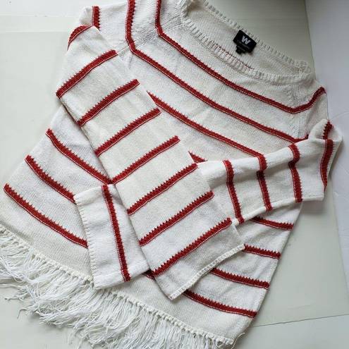 W By Worth  Womens Sweater Size S Stripe Fringe Open Knit White Red Long Sleeve