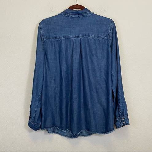 Chico's Chico’s Chambray Roll Tab Sleeves Frayed Button Down Shirt Size 12