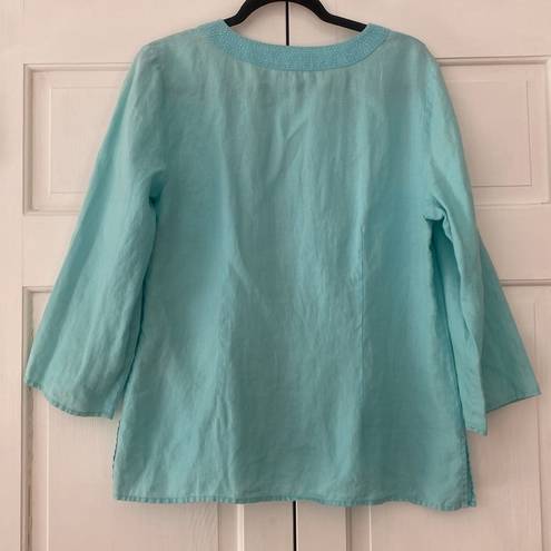 Carole Little  Linen Blue Beaded Three Quarter Sleeve Blouse Size Large