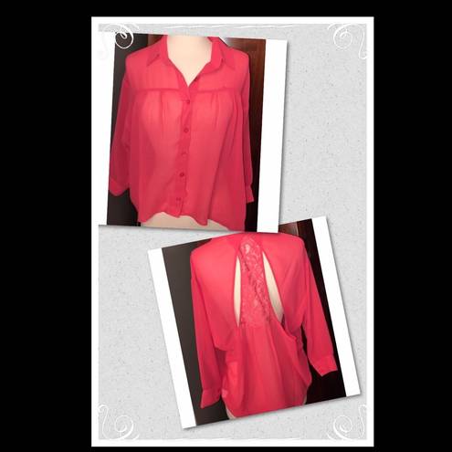 Kirra  - Coral sheer button blouse with lace back