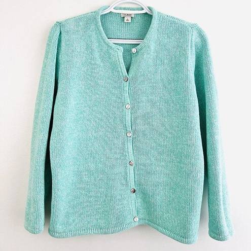 L.L.Bean  Turqouise Blue Thick Knit Luxury Button Down Cardigan Sweater ~ Sz Large