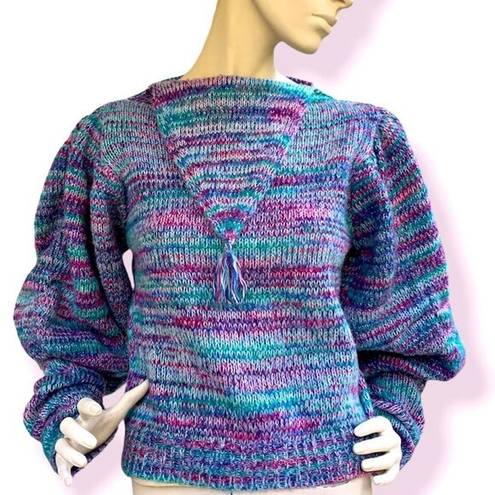 80’s Gitano balloon sleeve purple and teal marled knit sweater Size L