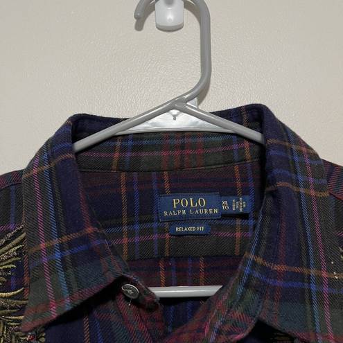 Polo  Ralph Lauren Embroidered Peacock Plaid Relaxed Fit Button Down Blouse XL