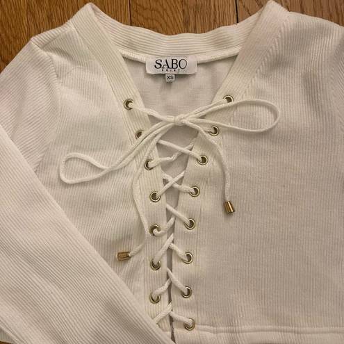 Sabo Skirt White Long Sleeve Lace up Tie Ribbed Crop Top