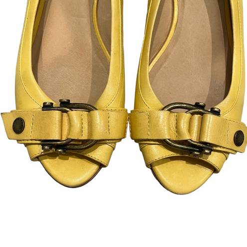 Frye Wedges  Yellow Leather Buckle Detail Peep Toe Wedges, Sz 8