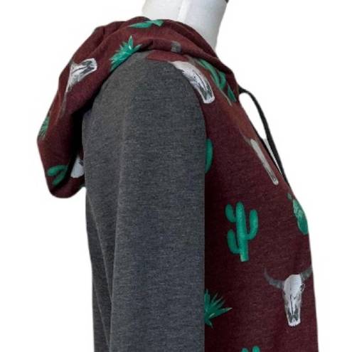 12PM by Mon Ami  Cactus Pullover Hoodie Gray Burgundy Green Size Large