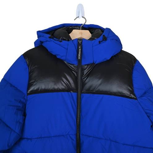 BCBGeneration  Womens L Colorblock Hooded Puffer Jacket in Cobalt with Black NEW