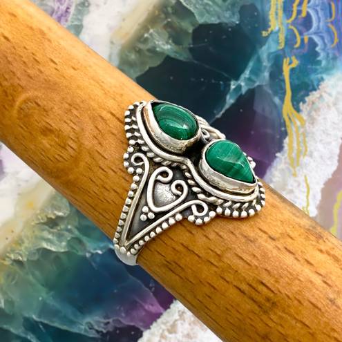 Sterling Silver Vintage Style Genuine Malachite Ring - Sz 6