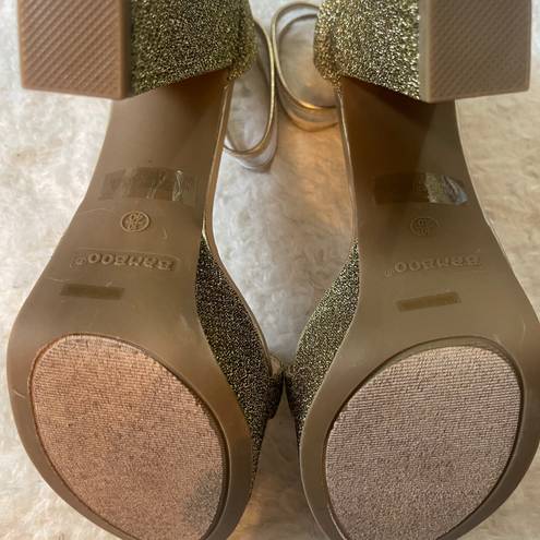 Bamboo Gold metallic glittery felt platform pump high heels with clear buckle straps