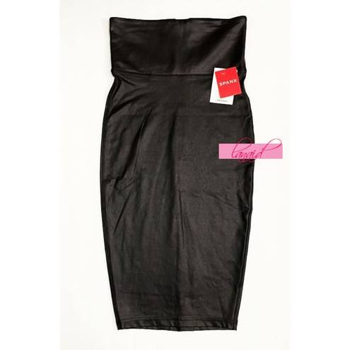 Spanx Faux Leather Pencil Skirt Very Black High-Waist Shiny Stretchy Edgy Midi