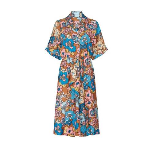 The Bar Dodo Or Printed Nancy Dress in Orange & Blue Medium Womens Midi Retro Floral