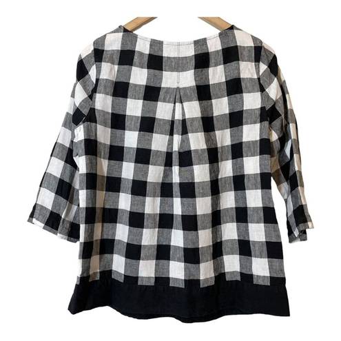 J.Jill  Love Linen 3/4 Soeeve Black Gingham Blouse Top Shirt XS