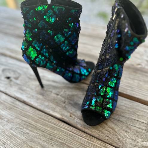 Charlotte Russe  Shauna Bling Bling Green/Blue Sequin Peep Toe Boot/Booties SZ 7