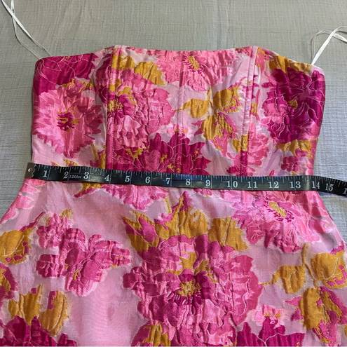 Lulus NWOT  Upgraded Event Pink Floral Jacquard Strapless Bustier Midi Dress