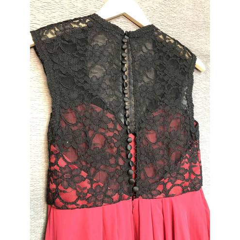 Lee Mari  Black Red Evening Gown Lace Overlay Sleeveless V-Neck