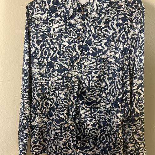 St. John  Top Silk Button Up Long Sleeves Blue and White Size 2 *small stain