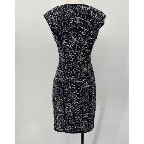 Sue Wong  Sheath Dress Ribbon Soutache Floral Pattern Scoop Neck Black White 0